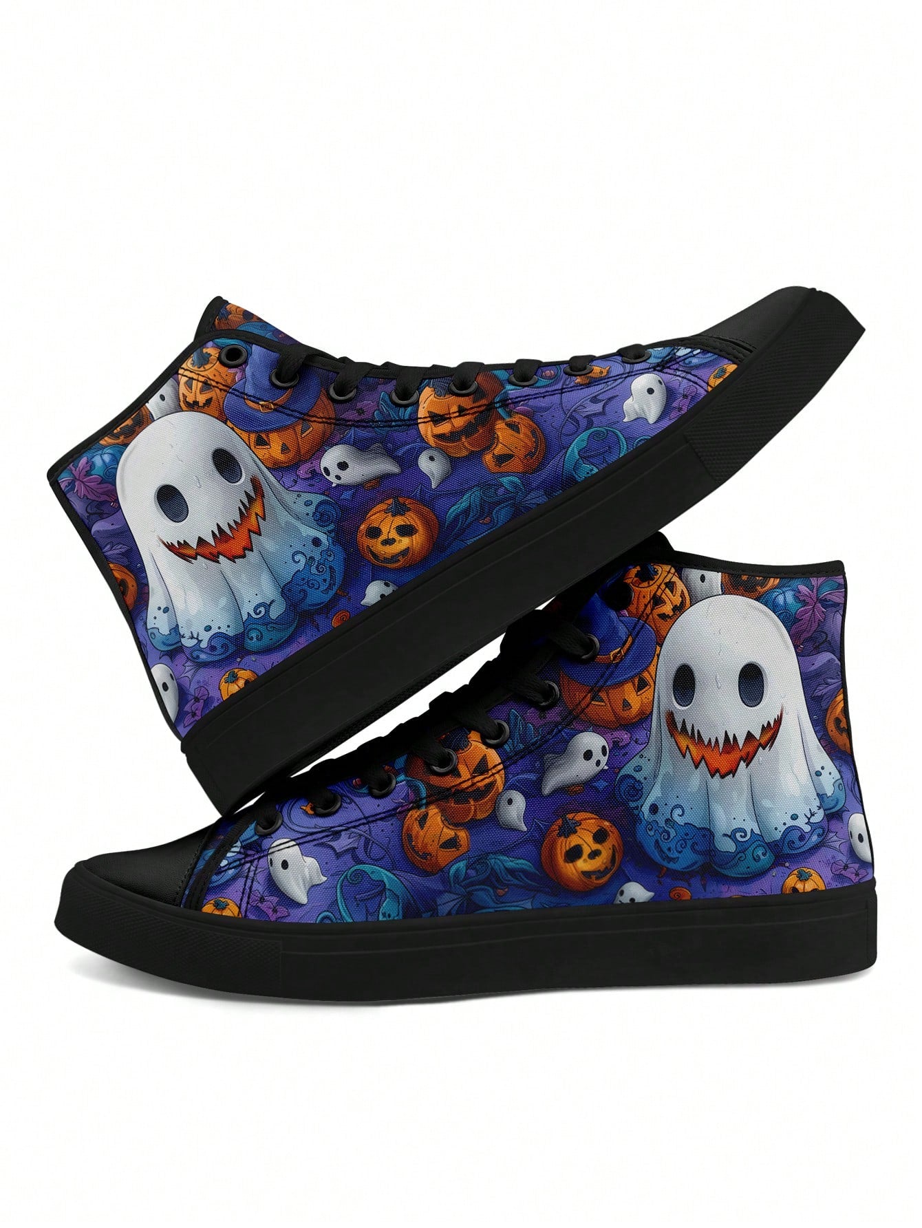 Introducing Spooky Chic's Halloween Ghost Pumpkin High Top Canvas Shoes. With a gradient color knitted flat design, experience comfort and style in your casual footwear. Perfect for your spooky festivities.