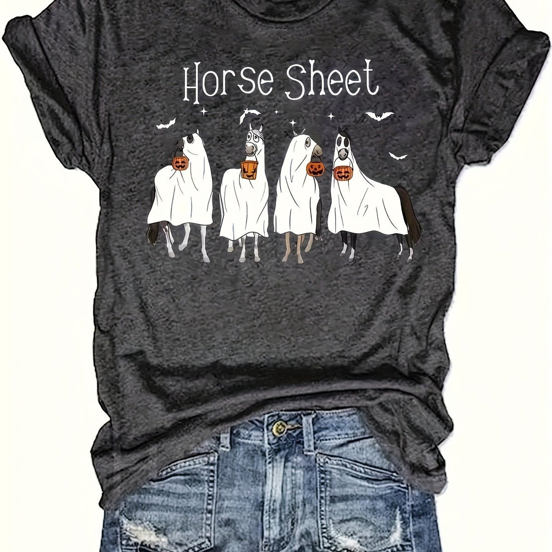 Introducing our Spooky Chic T-Shirt, designed for fashion-forward women who love Halloween and horses! This short-sleeve, horse neck top is perfect for casual and stylish looks. Made with premium materials for ultimate comfort and quality. Get ready to make a statement this Halloween!