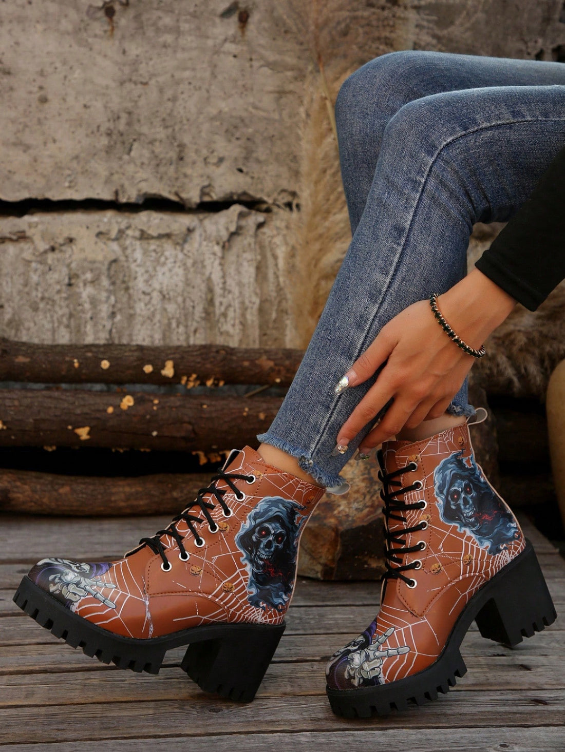 Elevate your Halloween party look with Spooky Chic Lace-Up Thick Heel Short Boots. The intricate lace-up design and sturdy thick heels provide support and style, perfect for any Halloween occasion. Expertly crafted for comfort and durability, these boots will give you the confidence to dance the night away!