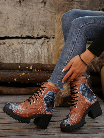 Elevate your Halloween party look with Spooky Chic Lace-Up Thick Heel Short Boots. The intricate lace-up design and sturdy thick heels provide support and style, perfect for any Halloween occasion. Expertly crafted for comfort and durability, these boots will give you the confidence to dance the night away!