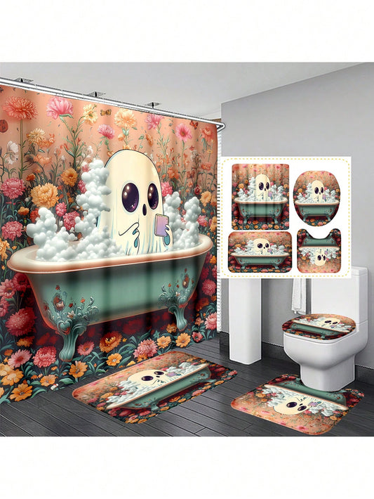 Transform your bathroom into a spooky yet stylish space with our Ghost Bathroom Shower Curtain Set. This complete Halloween Day of the Dead Decor Package includes everything you need to create a unique and festive atmosphere. Made of high-quality materials, this set is both durable and decorative.