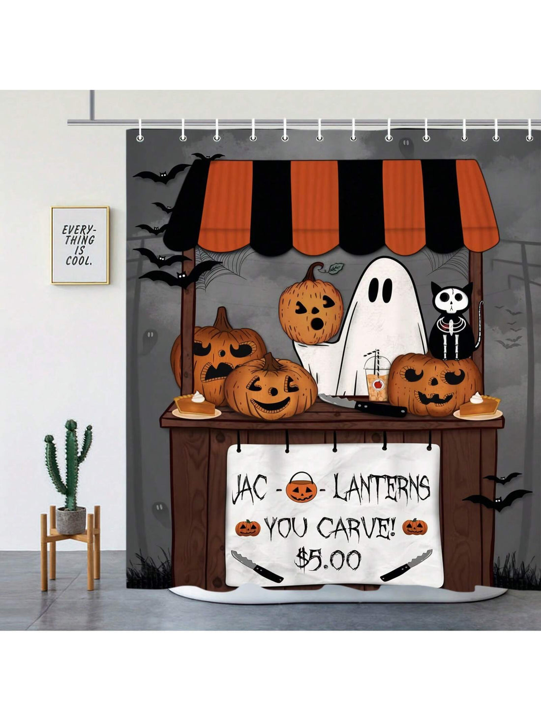 Protect your bathroom from water damage with this Spooky Ghost Waterproof Shower Curtain. The 12 hooks make it easy to install and add a touch of Halloween decor to your home. Stay dry and in the spooky spirit with this must-have addition to your bathroom.