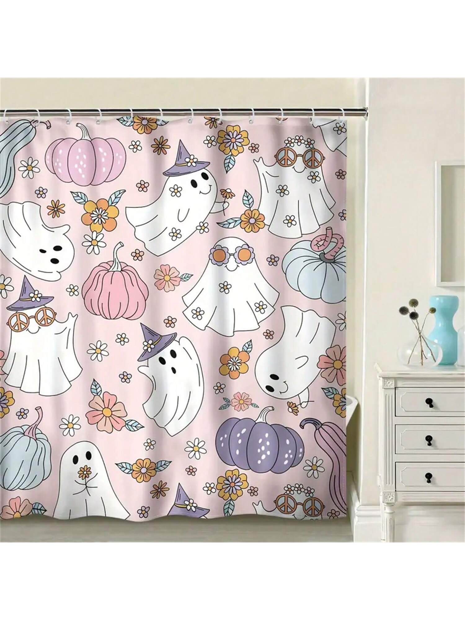 Add a spooky touch to your bathroom with our Spooky Shower: Halloween Cartoon Ghosts and Pumpkins Shower Curtain. Made with high-quality materials, this shower curtain features an eye-catching design of ghosts and pumpkins, perfect for the Halloween season.