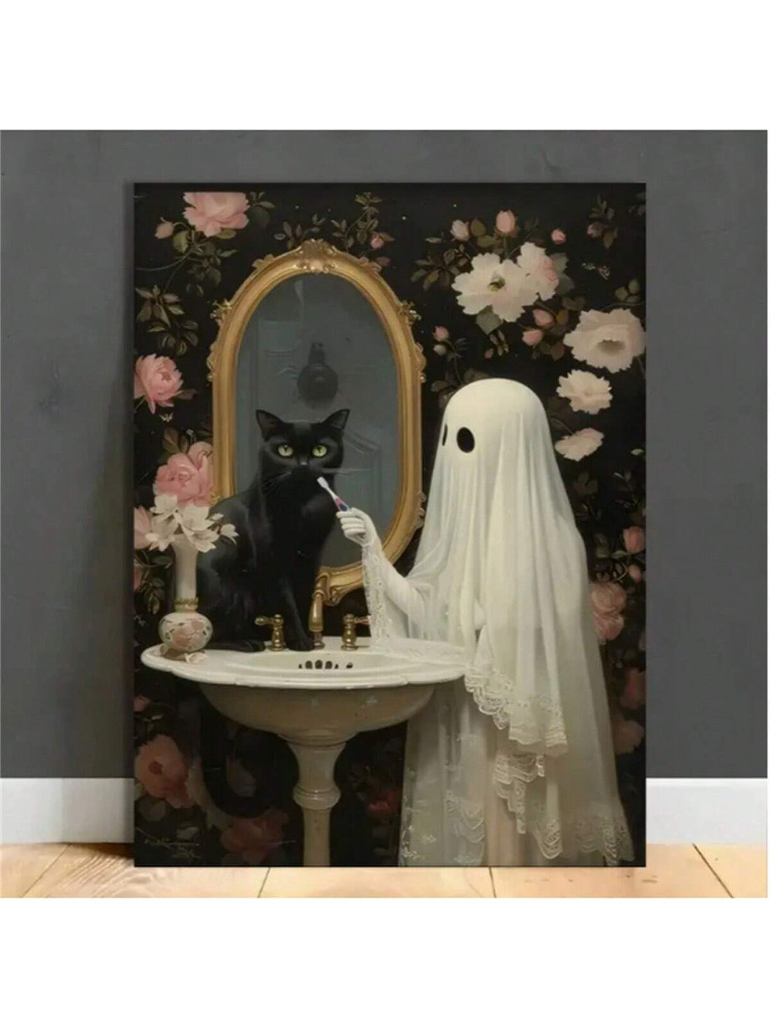 Introducing our Spooky Whimsy Bathroom Canvas Art Print! Featuring a cute ghost and black cat design, this print is perfect for adding a touch of fun to your bathroom decor. The high-quality canvas material adds a whimsical touch, making it a must-have for any spooky lover.