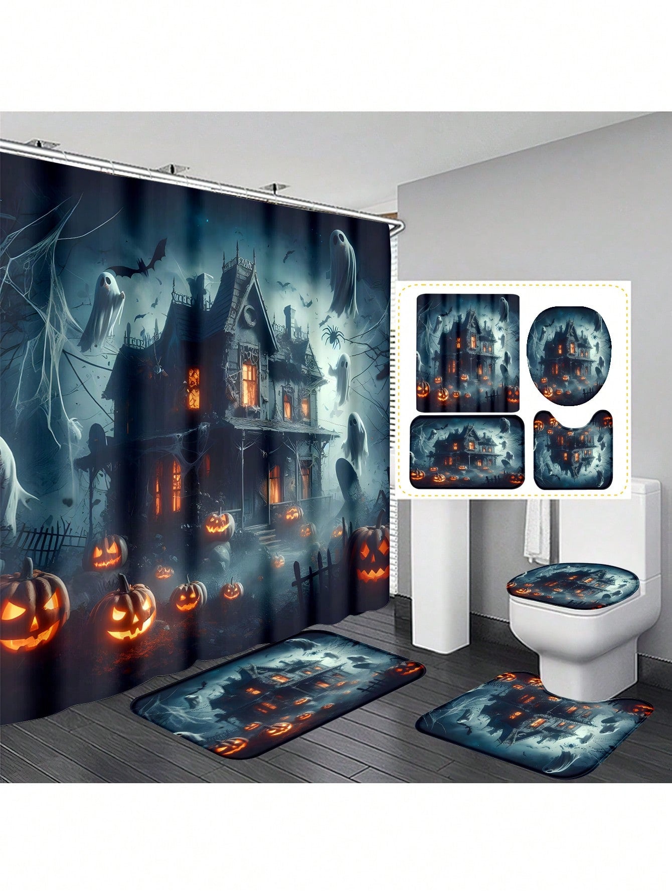 Make your bathroom extra spooky with our Spooky and Stylish Halloween Ghost Themed Shower Curtain Set. This crystal clear, 3D plastic shower curtain adds a touch of elegance to your decor while providing a perfect backdrop for your Halloween decorations. Transform your bathroom into a haunted haven with this stylish and functional shower curtain.