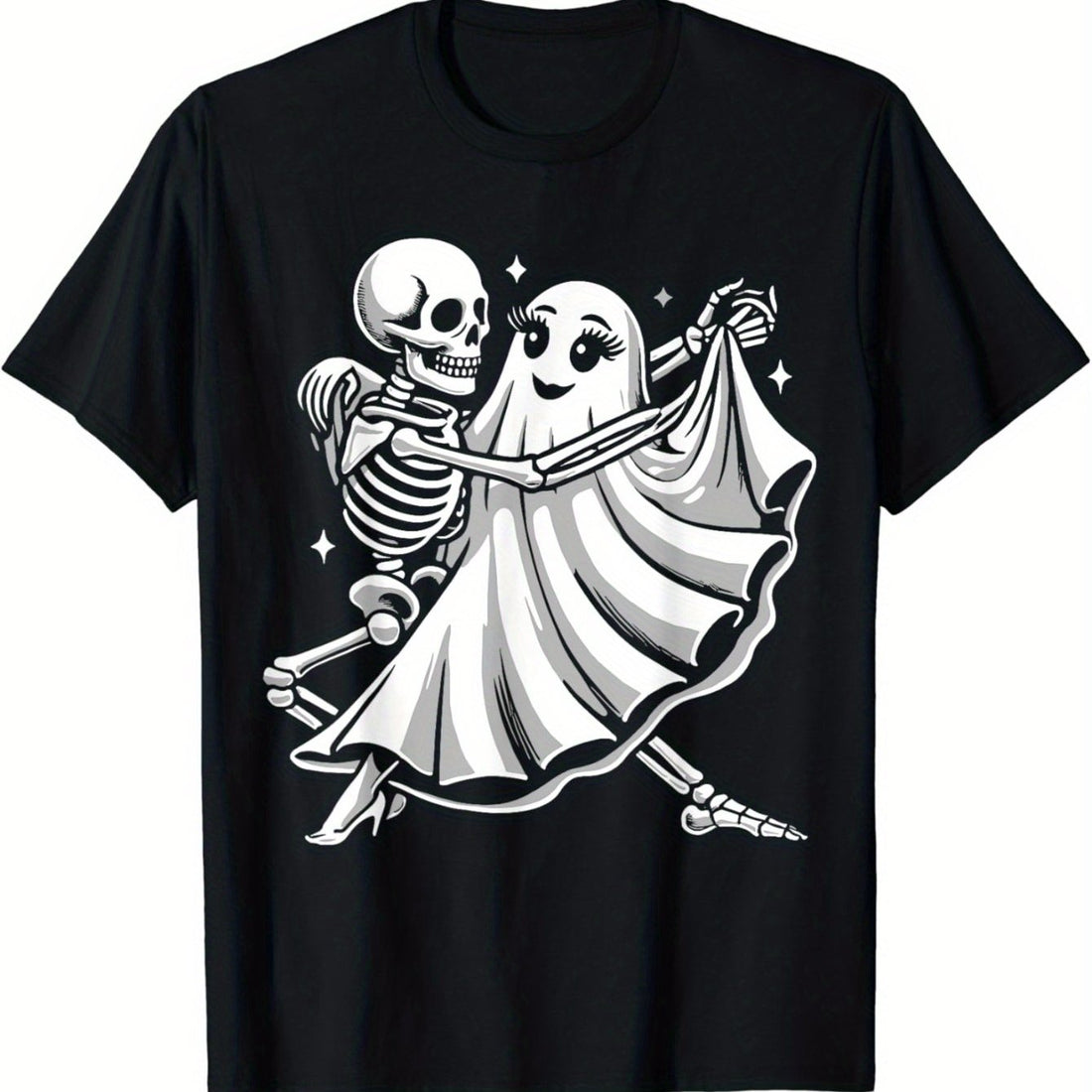 Dress in spooky style with this Spoopy Spectral Duo t-shirt featuring a cute ghost dancing with a skeleton. Show off your love for Halloween with this funny and festive shirt. Made from soft and comfortable fabric, this shirt is perfect for any Halloween event!