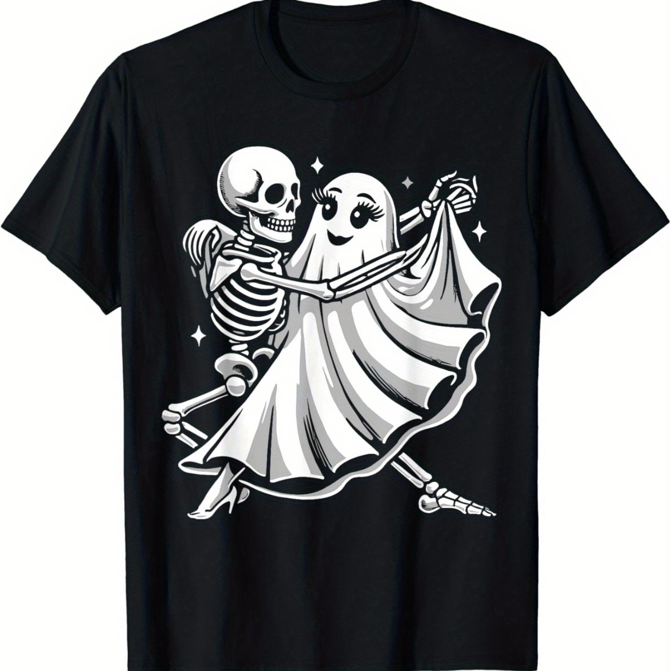 Dress in spooky style with this Spoopy Spectral Duo t-shirt featuring a cute ghost dancing with a skeleton. Show off your love for Halloween with this funny and festive shirt. Made from soft and comfortable fabric, this shirt is perfect for any Halloween event!