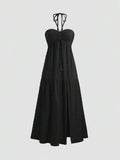 Step into the spotlight with this playful backless halter neck dress, perfect for sunny vacations and lively parties. Its flowing long silhouette combines comfort and style, while the daring backless design adds a touch of flirtatious charm. Embrace spring elegance and let your carefree spirit shine wherever you go.