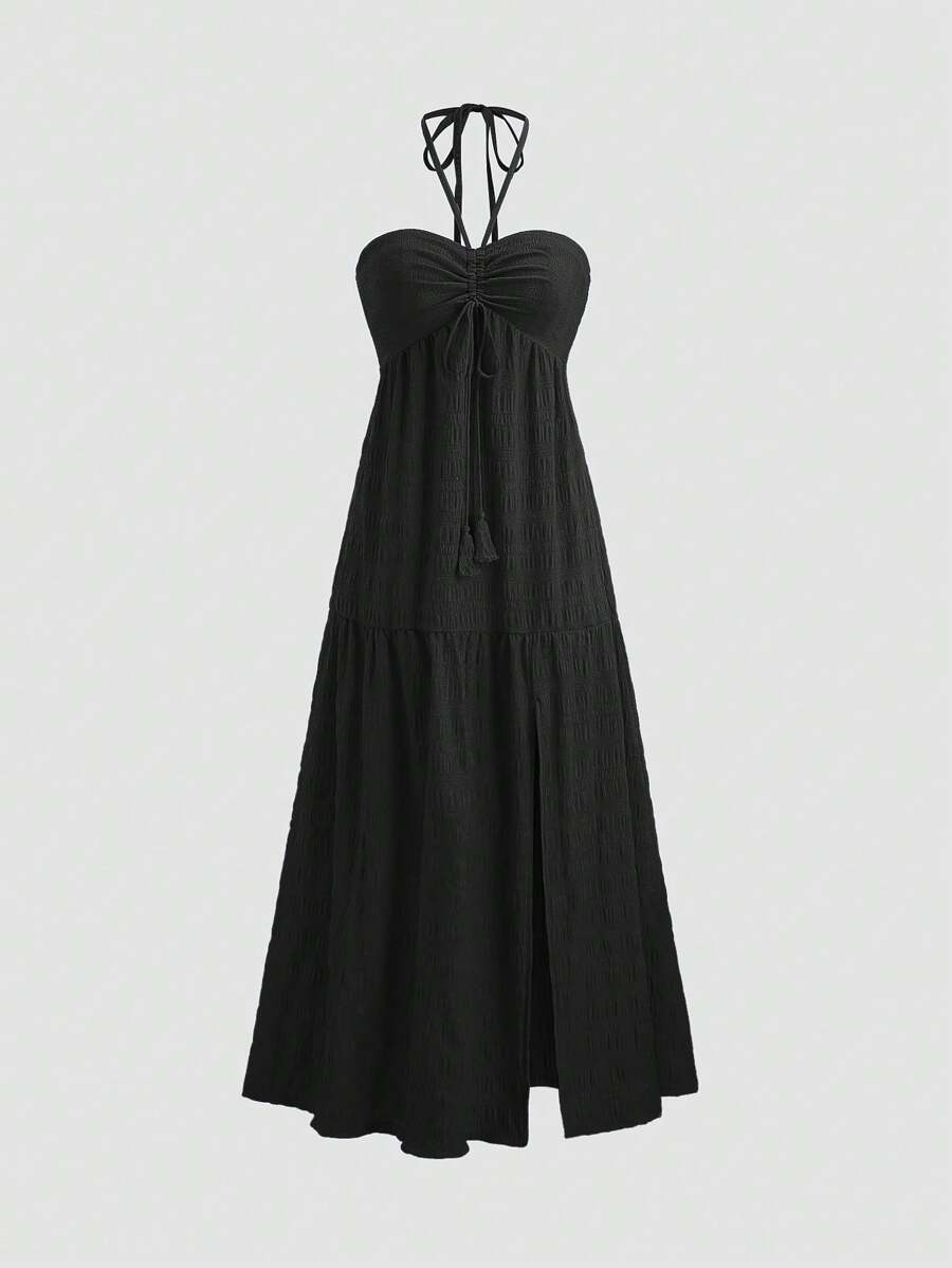Step into the spotlight with this playful backless halter neck dress, perfect for sunny vacations and lively parties. Its flowing long silhouette combines comfort and style, while the daring backless design adds a touch of flirtatious charm. Embrace spring elegance and let your carefree spirit shine wherever you go.