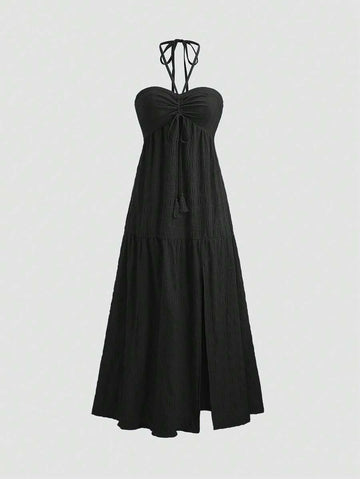 Step into the spotlight with this playful backless halter neck dress, perfect for sunny vacations and lively parties. Its flowing long silhouette combines comfort and style, while the daring backless design adds a touch of flirtatious charm. Embrace spring elegance and let your carefree spirit shine wherever you go.