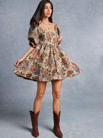 Embrace your inner cowgirl with this playful Spring Floral Jacquard Mini Dress. Featuring a smocked back for a comfy fit and charming puff sleeves, it blends vintage flair with modern fun. The delicate floral jacquard fabric adds texture and springtime vibes, making it your go-to outfit for sunny days and lively gatherings. Perfect for dancing, exploring, or just turning heads!