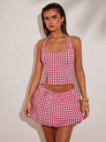 Front view of Spring Summer Red and White Plaid Casual Shorts Set for Women – Perfect Picnic and Vacation Outfit for women co-ord styling