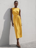 Step into sunshine with this playful sleeveless pleated long dress, perfect for spring and summer days. Its slim fit flatters your silhouette, while the asymmetric metal detail adds a fun, unexpected twist. Light and breezy, it moves with you, making every moment feel effortlessly stylish and full of life.