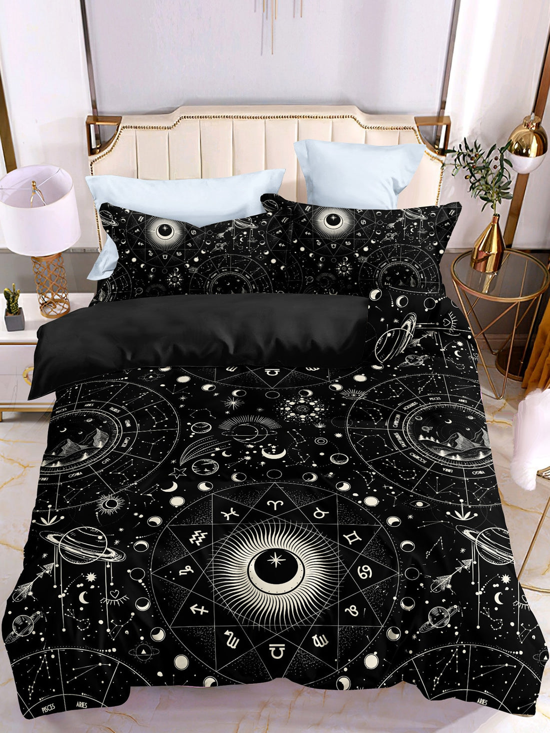 Transform your bedroom into a celestial oasis with our Starry Nights Duvet Cover Set. Featuring a stunning constellation design, this set allows you to sleep under the stars every night. Made with soft, high-quality materials, you can enjoy both style and comfort. Add a touch of magic to your bedroom with this must-have set.