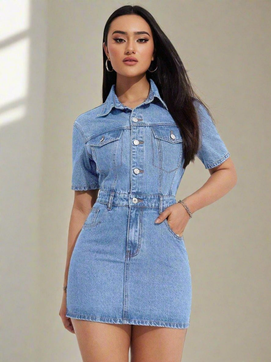 Stay cool and stylish this summer with our Flap Pocket Button Front Denim Dress. Made with lightweight, breathable fabric, it features a button front and flap pockets for a trendy look. Perfect for any summer occasion, this dress will keep you comfortable and on-trend all season long.