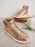 Stars and stripes high top sneakers with metallic gold upper