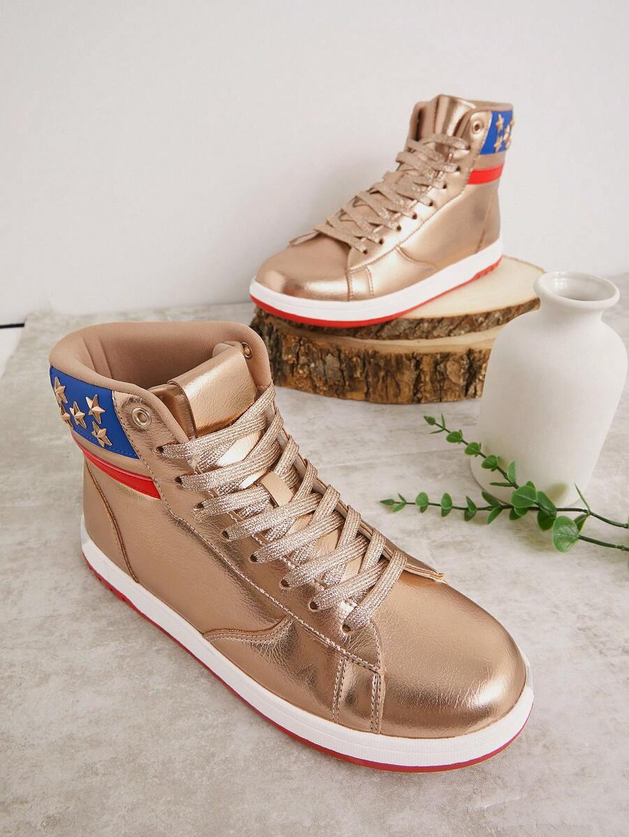 Stars and stripes high top sneakers with metallic gold upper