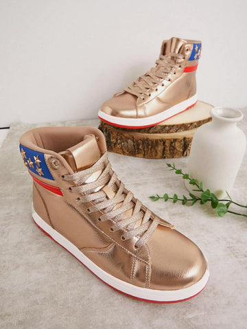 Stars and stripes high top sneakers with metallic gold upper