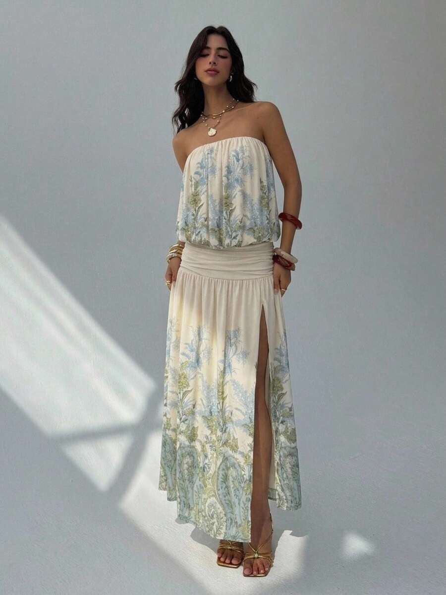 Cream botanical strapless backless ruched waist maxi dress front view