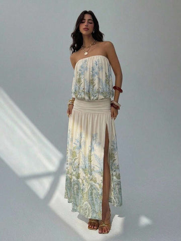 Cream botanical strapless backless ruched waist maxi dress front view