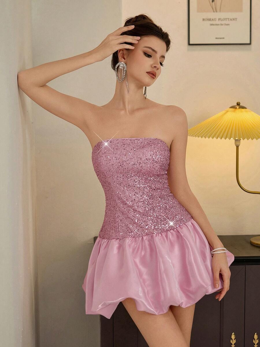 Front view of pink strapless sequin patchwork evening gown