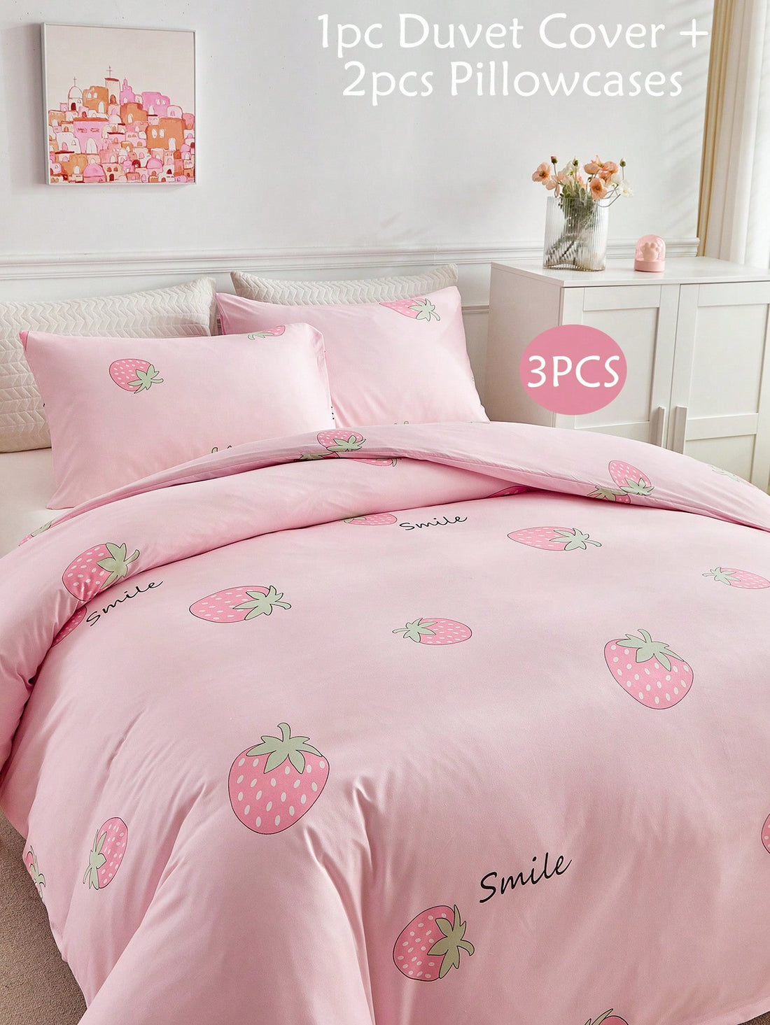 Experience the sweetness of Strawberry Fields Forever with this 3-piece children bedding set. Made from luxurious pink polyester, this set features a reversible design for versatile style options. Give your child a cozy and stylish sleep with this set.