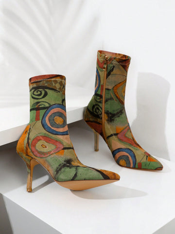 Step out in style with these Stretch Pointed Toe Sock Booties! Featuring a sleek mid-calf design and a sharp stiletto heel, they add a playful edge to any outfit. The unique all-over print makes each pair a standout, perfect for turning heads wherever you go. Comfortable and chic, these ankle boots blend fashion and fun effortlessly.