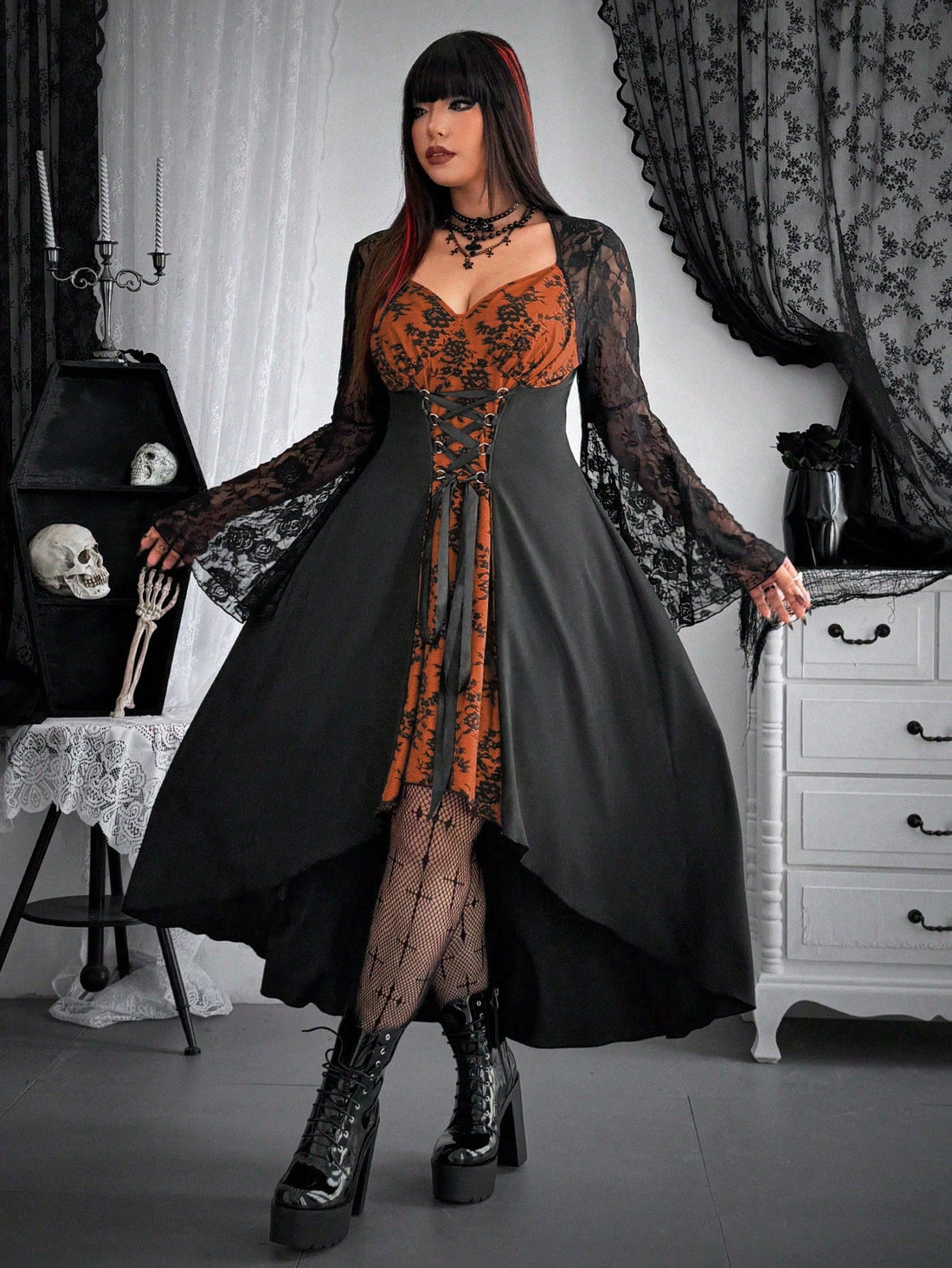 Get ready to stand out this Halloween in our Striking Plus Size Long Sleeve Dress! This bold dress features a solid hue with a daring lace-up detail that adds a touch of contrast. Perfect for any plus size fashionista looking to make a statement. Don't miss out on this striking dress!