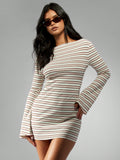 Be the talk of the town in this flirty Striped Bodycon Mini Dress! With a chic boat neck and playful flared sleeves, you'll feel confident and stylish all night long. The form-fitting design and eye-catching stripes make this dress perfect for any occasion. (Warning: may result in excessive compliments and envious glances!)