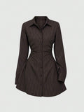 Front view of brown pinstripe button-front mini dress with point collar and flared skirt