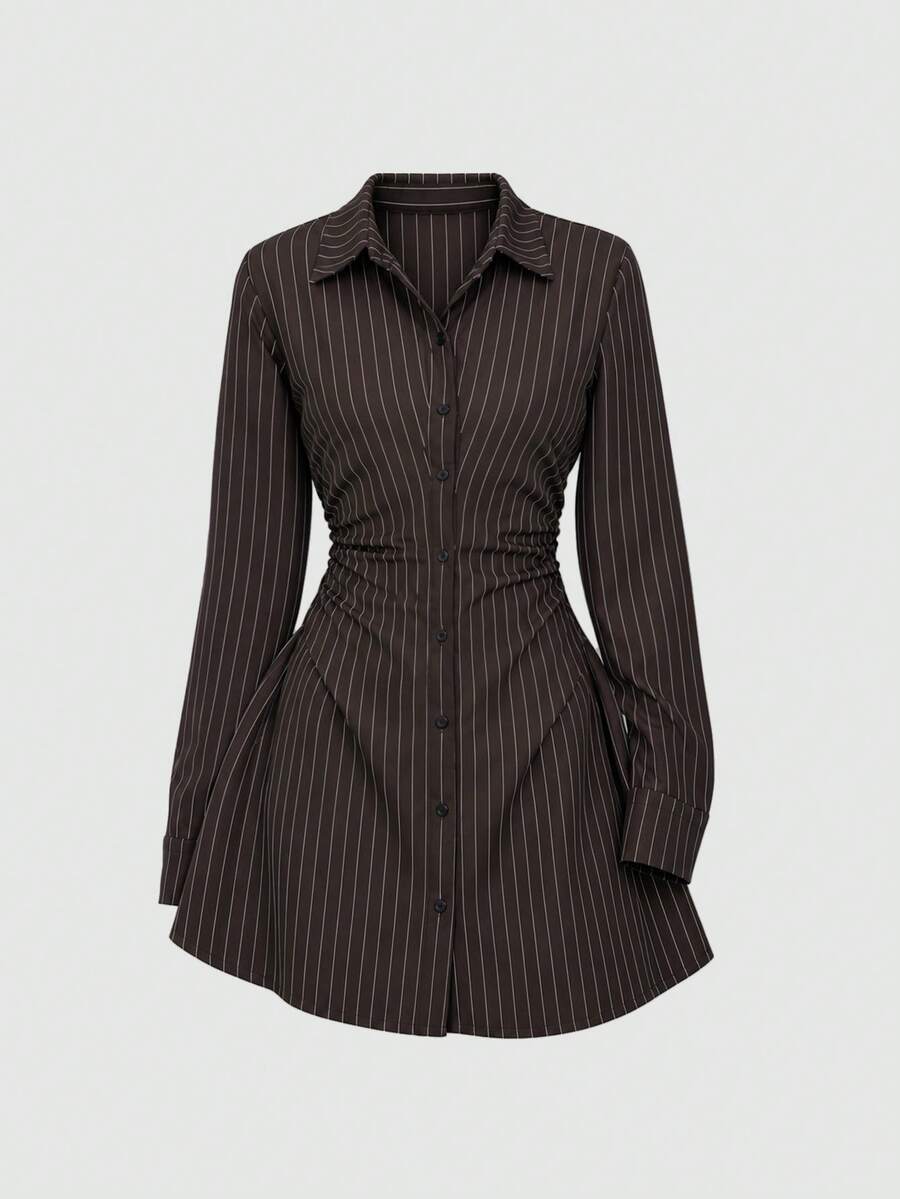 Front view of brown pinstripe button-front mini dress with point collar and flared skirt
