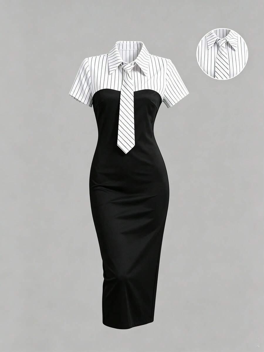 Black and white striped shirt midi dress with collared neckline