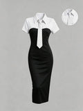 Black and white striped shirt midi dress with collared neckline