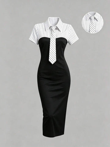 Black and white striped shirt midi dress with collared neckline