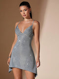 Shine bright at your next party or nightclub with our Stunning Asymmetric Ruffle Hem Glitter Slip Dress for Women. The eye-catching design and glittery fabric will turn heads while the asymmetric ruffle hem adds a touch of uniqueness. Party in style with this perfect dress.
