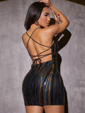 Update your party wardrobe with this Stunning Backless Sequin Bodycon Dress. The lace-up detail adds a touch of elegance to the eye-catching sequin design. Turn heads and feel confident with the form-fitting style. Perfect for any party, this dress will make you stand out in the best way possible.