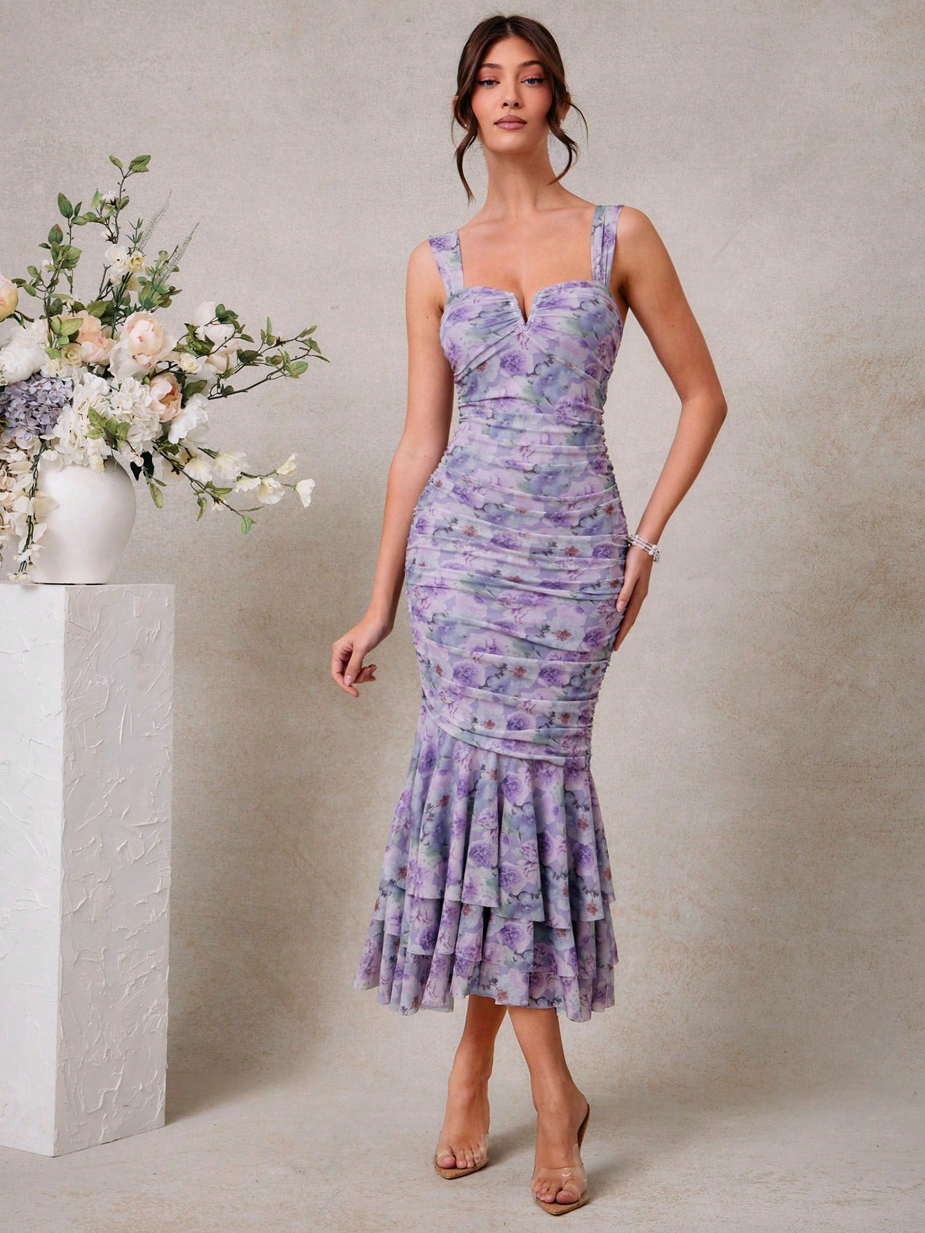 Stunning Floral Mesh Midi Dress with Asymmetric Hem for Elegant Summer – Canary Houze