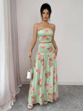 Front view of floral strapless crop top and maxi skirt set showing visible color, print, and silhouette