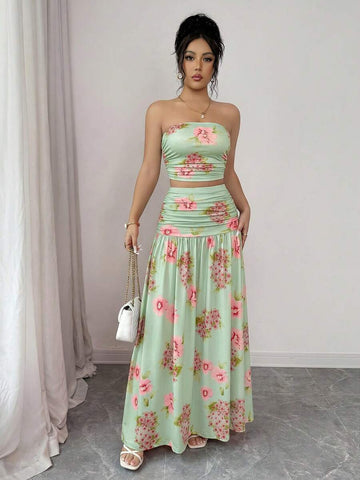 Front view of floral strapless crop top and maxi skirt set showing visible color, print, and silhouette