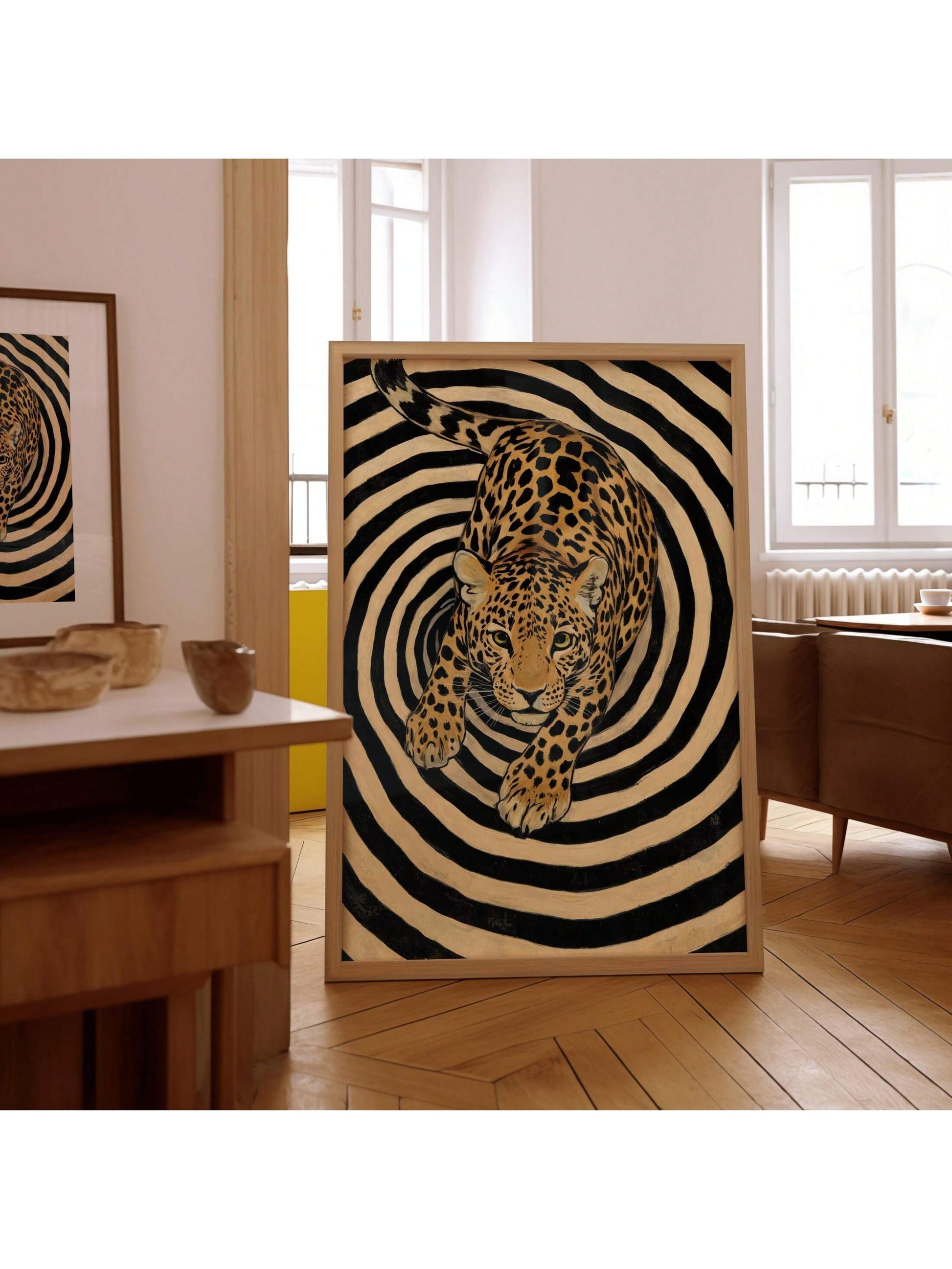 Bring a wild touch to your space with this stunning leopard print canvas wall art. Framed for a polished look, it effortlessly blends fierce wildlife charm with chic style—perfect for adding a playful roar to any living room. Let this eye-catching piece be the conversation starter your walls deserve!