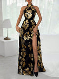 Sparkle and shine in this Stunning Metallic Glitter Halter Neck Maxi Evening Dress with High Slit. The halter neck adds a touch of elegance while the high slit offers a hint of seduction. Perfect for a night out or special event, this dress will have you looking and feeling like a star.