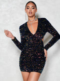 This Stunning Plunging Neck Sequin Bodycon Dress is the perfect statement piece for your wardrobe. With its eye-catching sequin design and flattering bodycon fit, you'll be sure to shine bright and stand out in any room. Boost your confidence and style with this must-have dress.