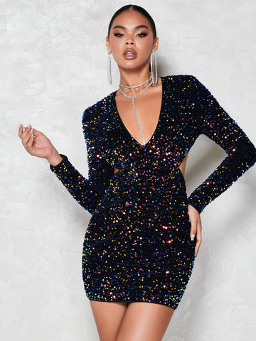 This Stunning Plunging Neck Sequin Bodycon Dress is the perfect statement piece for your wardrobe. With its eye-catching sequin design and flattering bodycon fit, you'll be sure to shine bright and stand out in any room. Boost your confidence and style with this must-have dress.