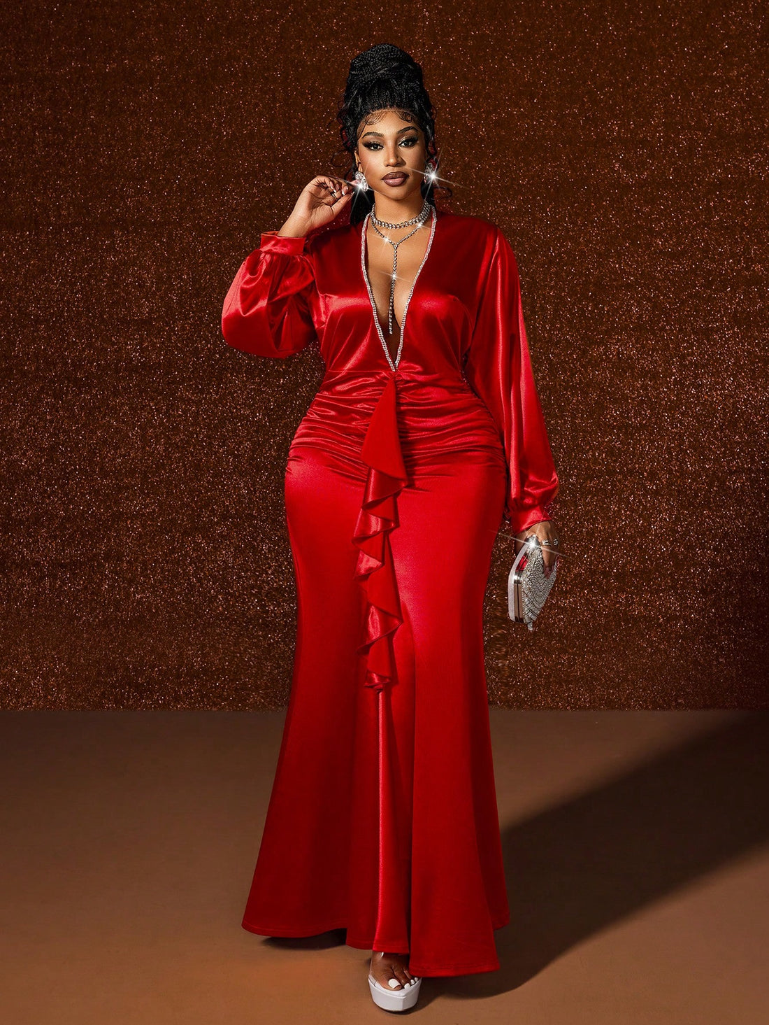 Make a statement this holiday season in this show-stopping red mermaid dress designed for curves and confidence! The fitted bodice hugs you beautifully before flowing into a dramatic fishtail hem that commands attention. Adorned with a shimmering rhinestone chain detail, this gown transforms any festive gathering into your personal runway. Perfect for holiday parties, galas, and special celebrations where you want to feel absolutely radiant. Slip into elegance and let your inner glamour shine!