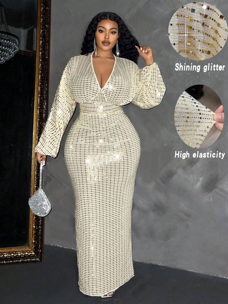 Shimmer and shine this season in our show-stopping sequin maxi dress! Designed for curves and confidence, this stunner features a flattering deep V neckline and elegant long sleeves that keep you cozy while turning heads. The full-length silhouette drapes beautifully, making it your go-to choice for holiday parties, festive celebrations, and special occasions. Sequins catch the light with every move, ensuring you'll be the most dazzling guest in the room. Celebrate in style and comfort with this plus-size e