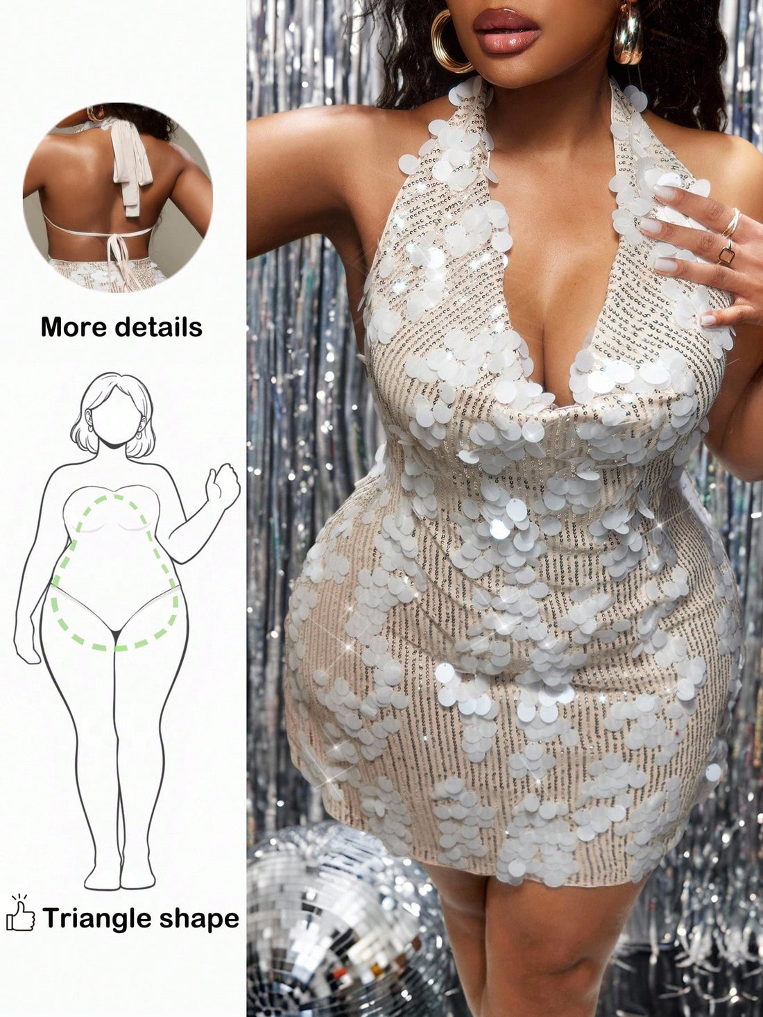 Shine bright this holiday season in our show-stopping sequin halter dress! Designed with pear-shaped figures in mind, the plunging neckline draws attention upward while the flowing skirt gracefully skims over curves. Shimmering sequins catch the light with every move, making you the star of any Christmas celebration. The halter neck provides flattering support and a touch of glamour that says "I'm ready to party!" Available in plus sizes, this dress combines comfort with confidence for a look that's absolut