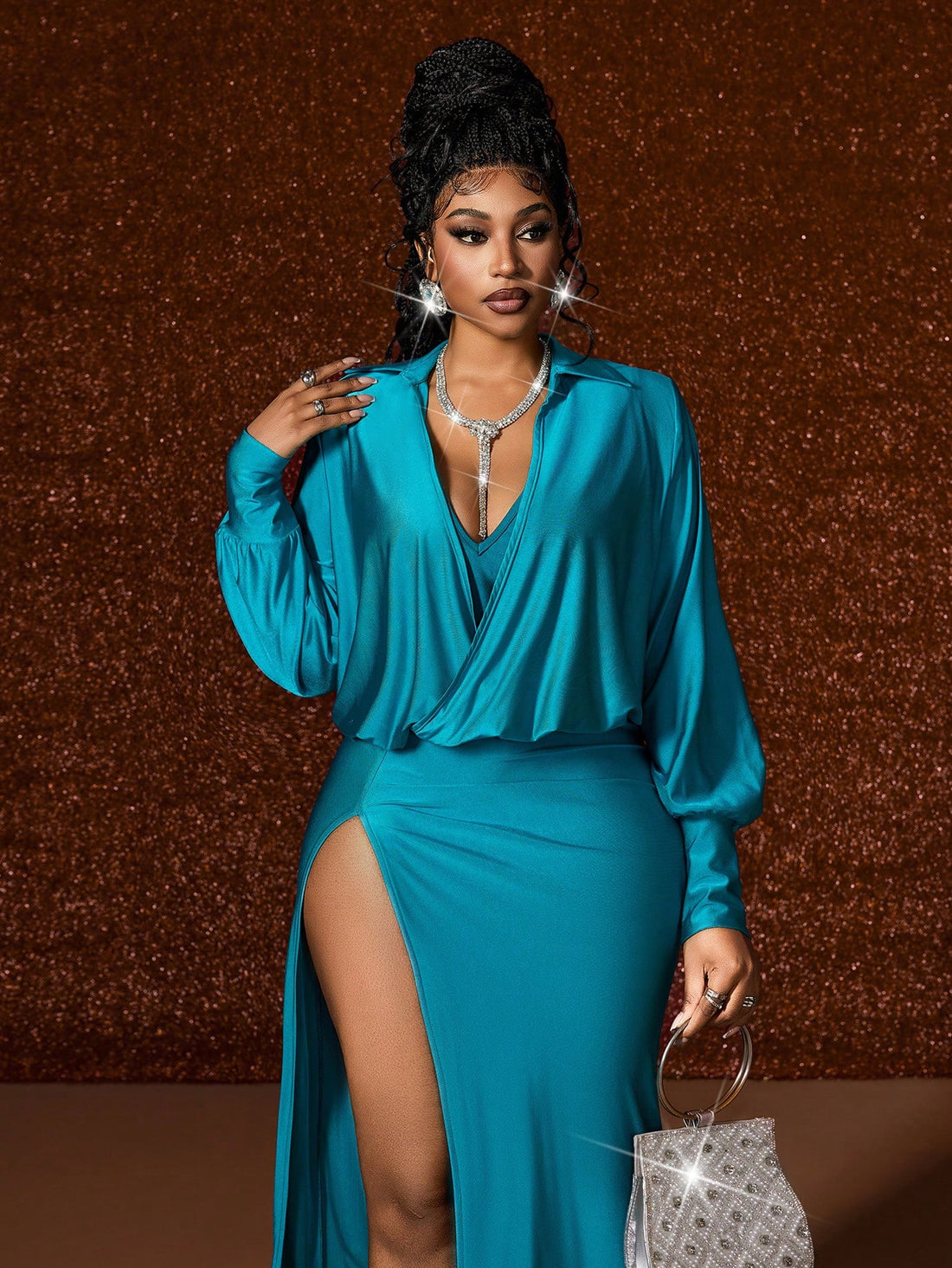 Slip into elegance with this show-stopping satin maxi dress designed for curves and confidence. The luxurious shiny fabric catches the light beautifully, while the daring high slit adds a flirty touch that keeps things interesting. Perfect for holiday parties, date nights, or any occasion where you want to turn heads, this plus-size stunner drapes gorgeously and moves with you. Whether you're dancing the night away or making a grand entrance, you'll feel absolutely fabulous in this timeless piece that celeb