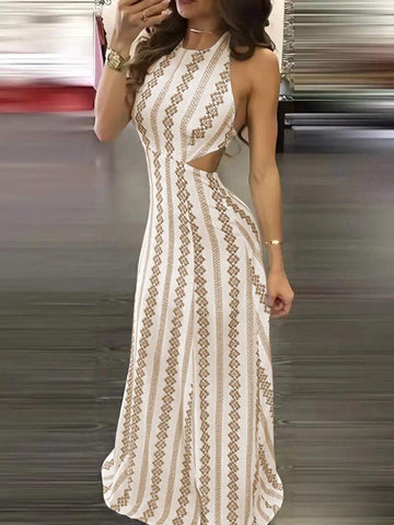 Elevate your wardrobe with this backless maxi dress featuring a striking rhombus pattern. Designed for both beach outings and elegant evening events, its flowing silhouette offers comfort and effortless style. The open-back detail adds a touch of sophistication, making it a versatile choice for warm-weather occasions where you want to make a refined statement.