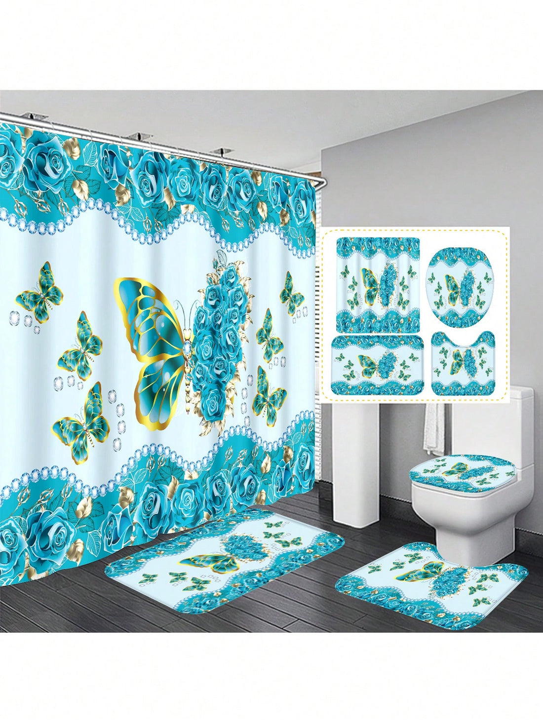 Add a touch of sparkle to your bathroom with this Stunning Shiny Rhinestone Butterfly Shower Curtain Set! Featuring dazzling rhinestone butterflies, this waterproof curtain brings a playful summer vibe while keeping your space dry and bright. The set includes matching hooks and a toilet lid cover for a coordinated, fun look that will make every shower feel like a whimsical escape.