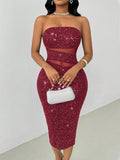 Turn heads at your next event in this show-stopping strapless sequin midi dress! Shimmering sequins catch the light from every angle, while delicate mesh contrast panels add an unexpected twist of sophistication. The midi length keeps things elegant without sacrificing that fun, flirty vibe. Perfect for cocktail parties, weddings, or whenever you want to feel like the main character. Slip it on and let the sparkle do the talking—because sometimes, less explanation and more dazzle is exactly what you need.